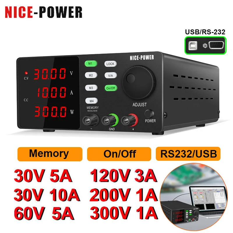 

Программируемый источник питания постоянного тока RS232/USB, 30 В, 10 А, 60 В, лабораторный верстак с регулируемой резьбой, 4 группы, функция памяти данных