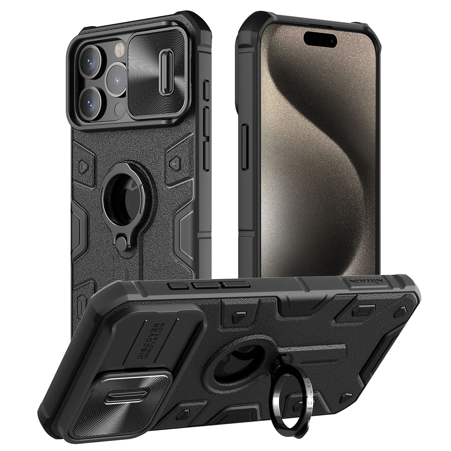 

Military Grade Drop Protection CamShield Armor Case for IPhone 15 Pro Max with Slide Camera Back Cover and Ring Stand Holder