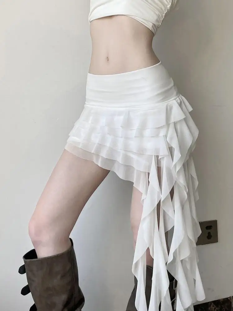 570863-881c76.jpg French Vintage Women White High Waist Sexy Ruffle Edge Party Skirt Summer Blue Elegant Slim Versatile Irregular Cake Short Skirt - Image 1
