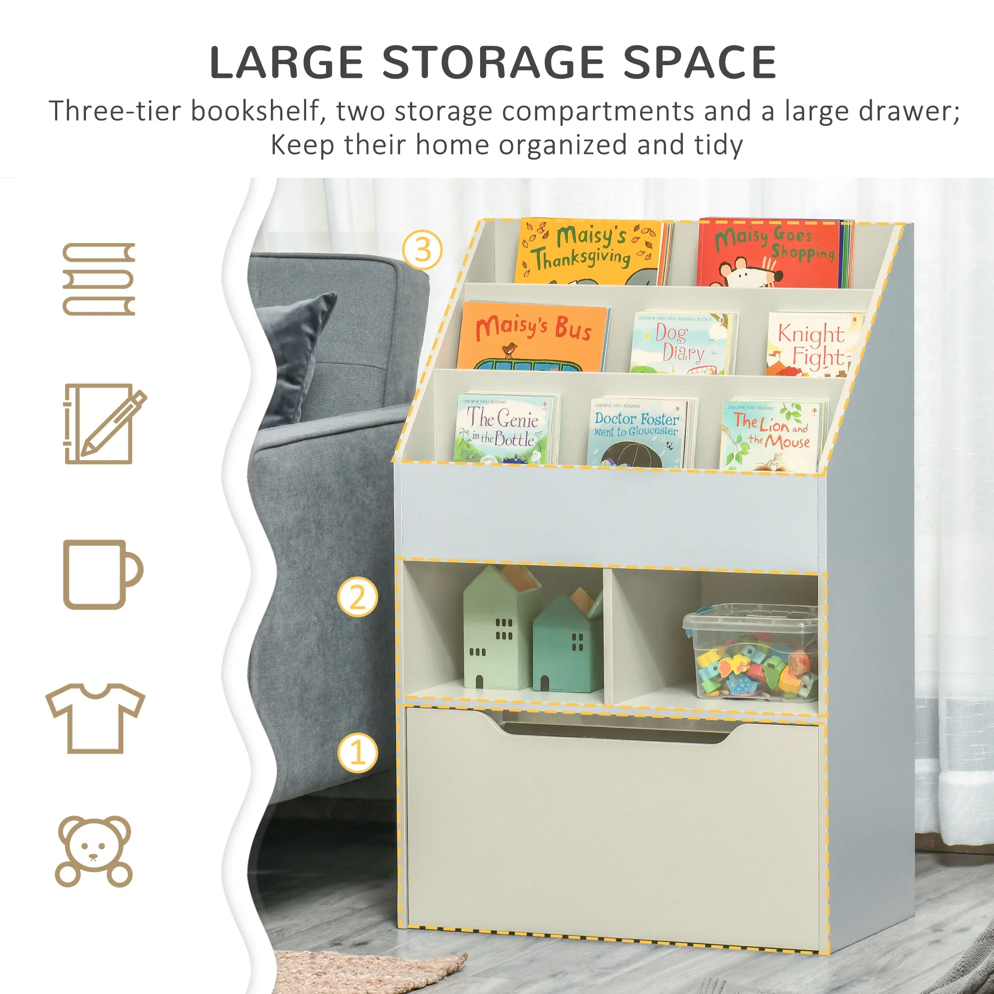 Kids Storage Bookcase Stand w/ Display Shelves & Drawer for Toys & Books, Grey