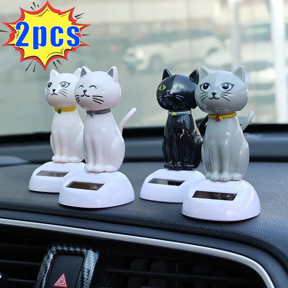 1/2Pcs Car Solar Swing Cat Ornaments Shaking Head Doll Creative Cartoon Shape Gift Attracting Wealth Auto Interior Decoration 1