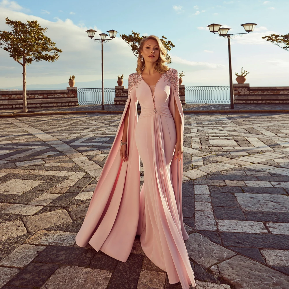 

Exquisite Pink Mermaid Mother of the Bride Dresses V Neck Long Sleeves Wedding Party Gowns Beadings Floor Length فساتين السهرة