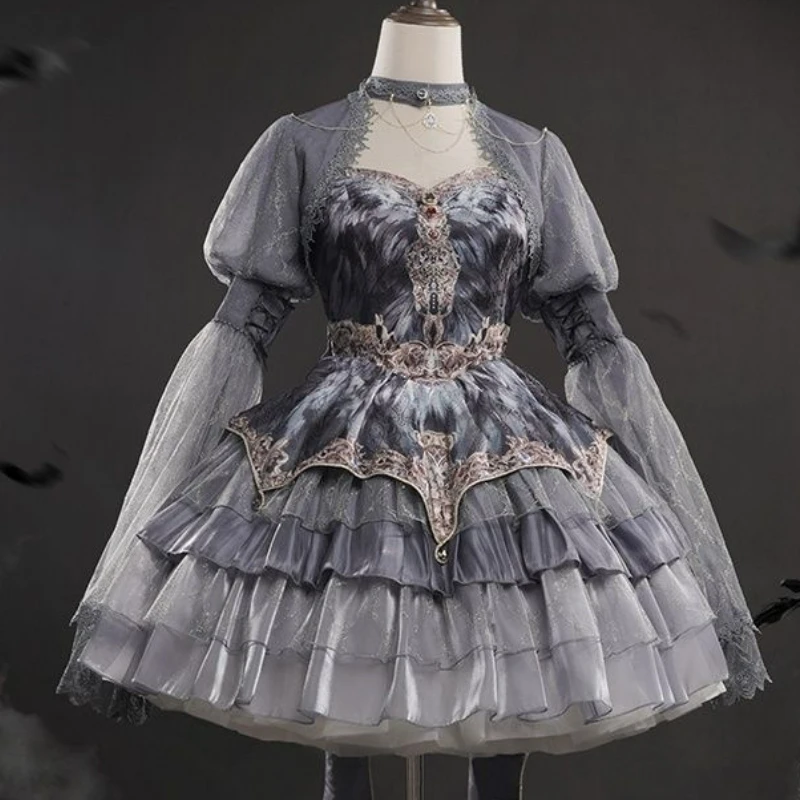Japanese Victorian Vintage Lolita Halter Dress Women Gothic Style Harajuku Y2k Grey Layered Cake Dresses Girls Kawaii Cute Dress lolita dress lolita cosplay costumes