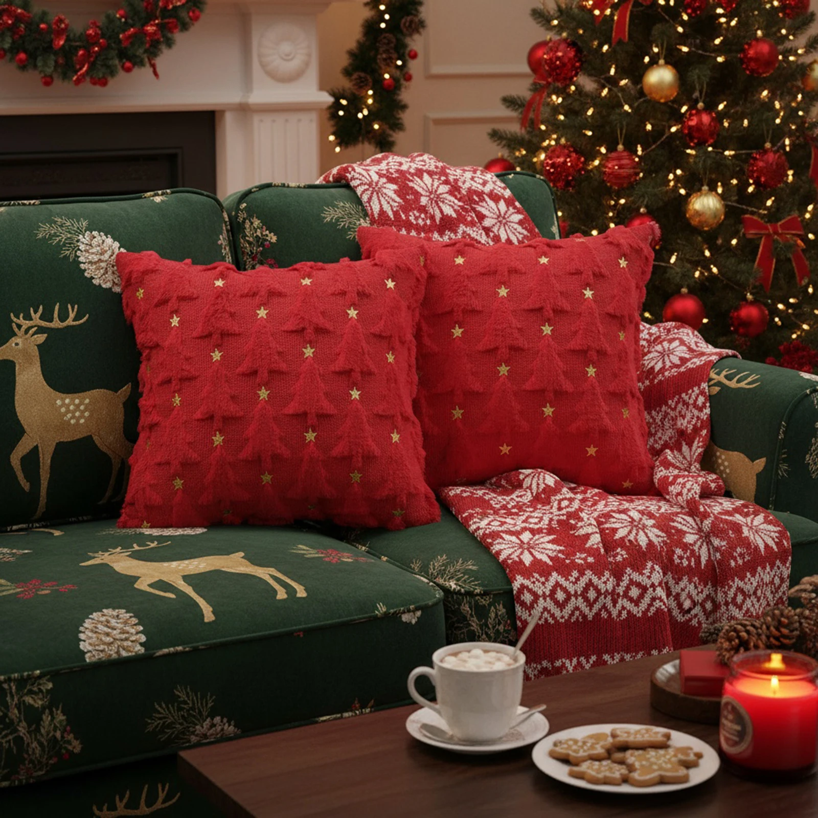 크리스마스 트리 쿠션 커버 부드러운 18x18 인치 세트 2개 마치 홀리데이 홈 야외 장 쿠션 커버
