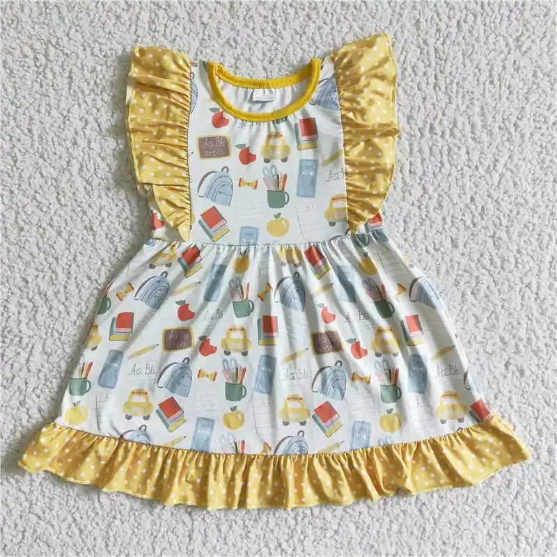 2022 School Day Girls Kids Abbigliamento Per Bambini Giallo School Bus Book Stampa Grafica Big Ruffle Cuff Design Toddler Baby Dresses