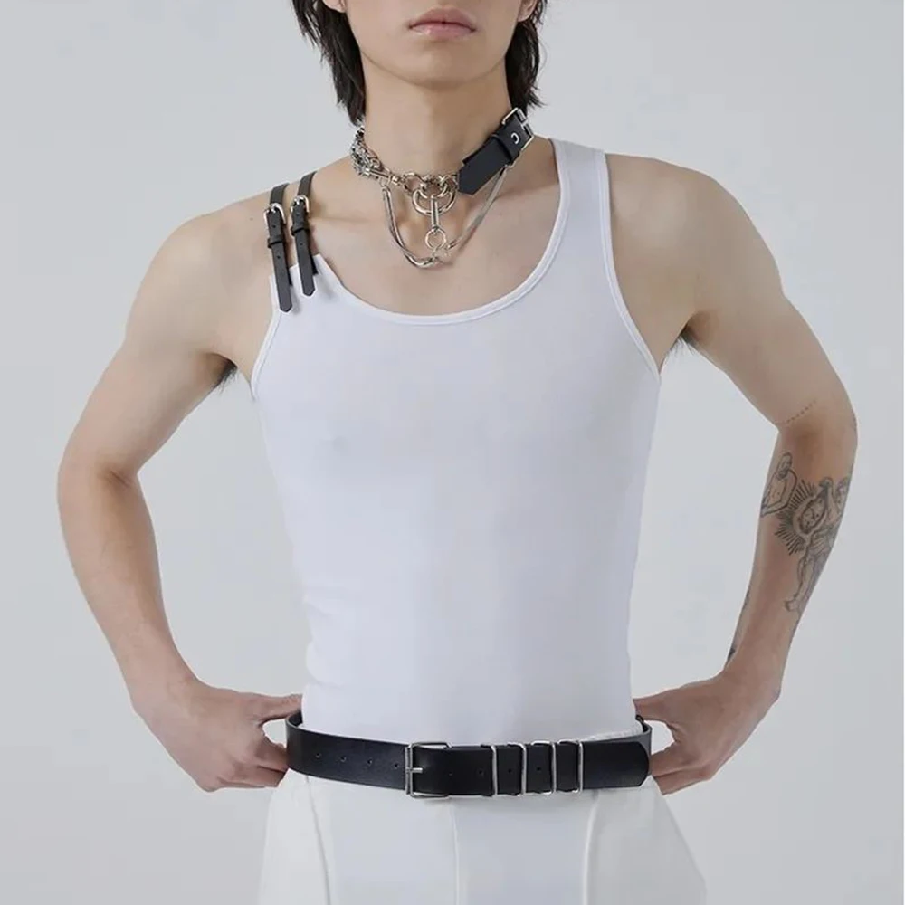 

Adjustable Leather Shoulder Strap Vests Men Fashion Sleeveless Tees 2023 Solid Tops Tight Singlet Sexy Camisole LGBT Clothing
