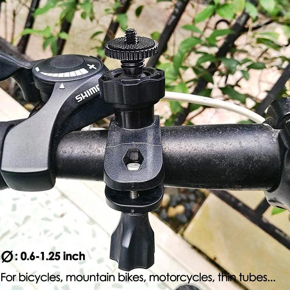 Fixation guidon moto pour caméra action GoPro, DJI Osmo ou Insta360, avec angle ajustable.