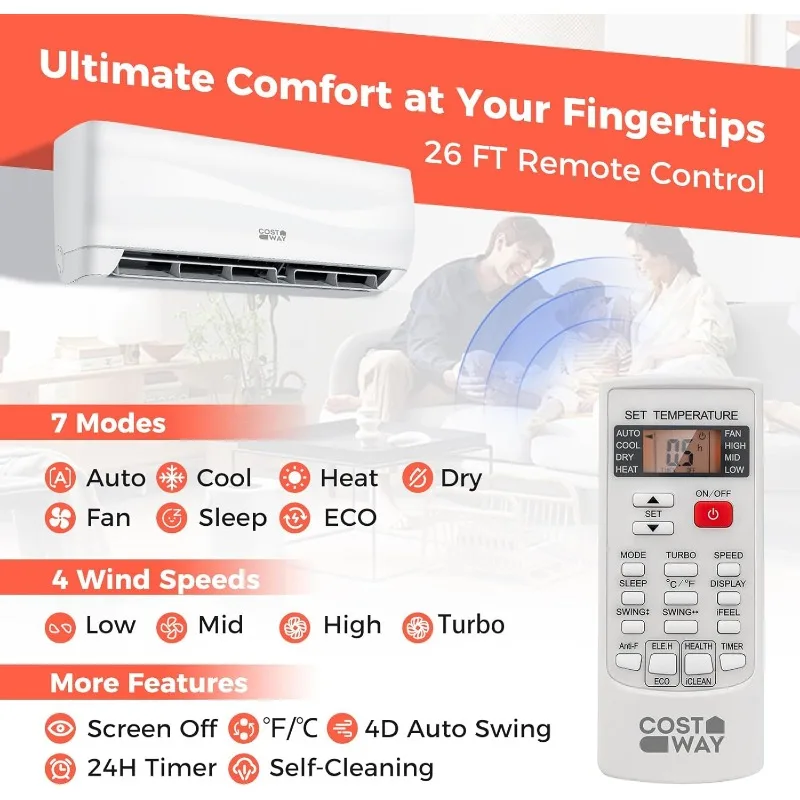 COSTWAY 12000BTU Mini Split Air Conditioner& Heater, 20 SEER2 115V Wall-Mounted Ductless AC Unit Cools Rooms up to 750 Sq. Ft 6