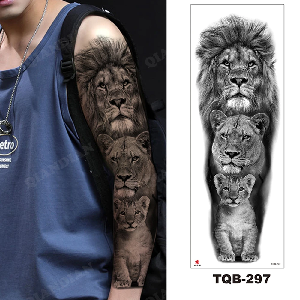 Tatuaggio temporaneo a braccio pieno lupo leone corna di pesce geometrico  uomo corpo gamba fiore rosa fenice adesivo impermeabile Cool Women Tatoo -  AliExpress, image size:1000x1000