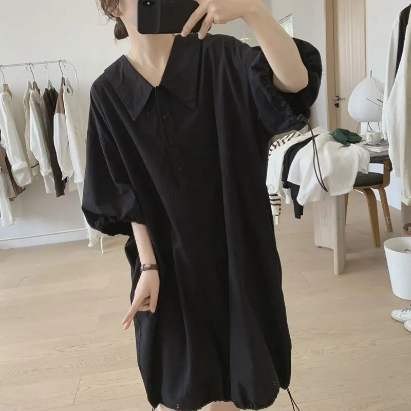 

Vintage Black Velvet Women's Dresses Fashion Doll Collar Lantern Sleeve Mini Elegant Loose Patchwork Female Dress C48
