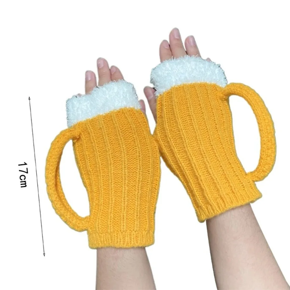 3D Beer Mug Gloves Half Finger Warm Gloves Yellow Beer Glass Unisex Woolen Yarn Knitting Autumn Winter Funny Gift half finger gloves warm gloves