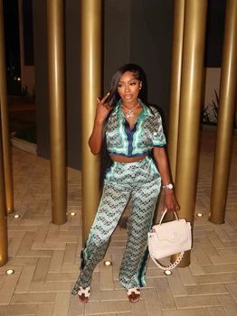 STYLISH LADY Printed Satin 2 Piece Set Women Short Sleeve Crop Top and Pant Suits 2025 Summer Elegant Party OL Outfits 1
