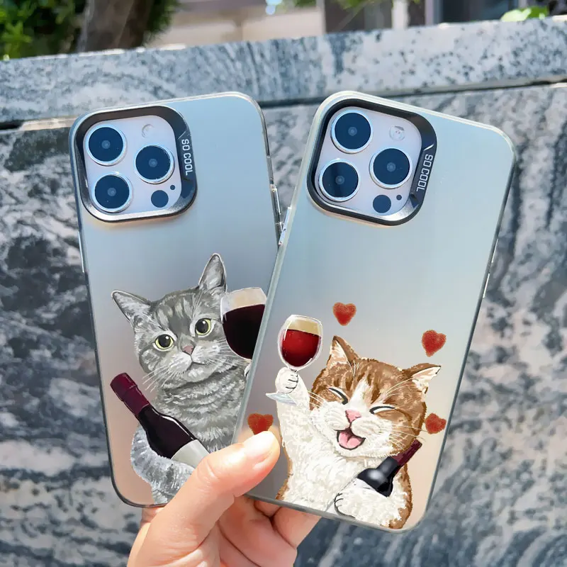 Chic Red Wine Glass & Cute Cat Shockproof Laser Phone Case Cover