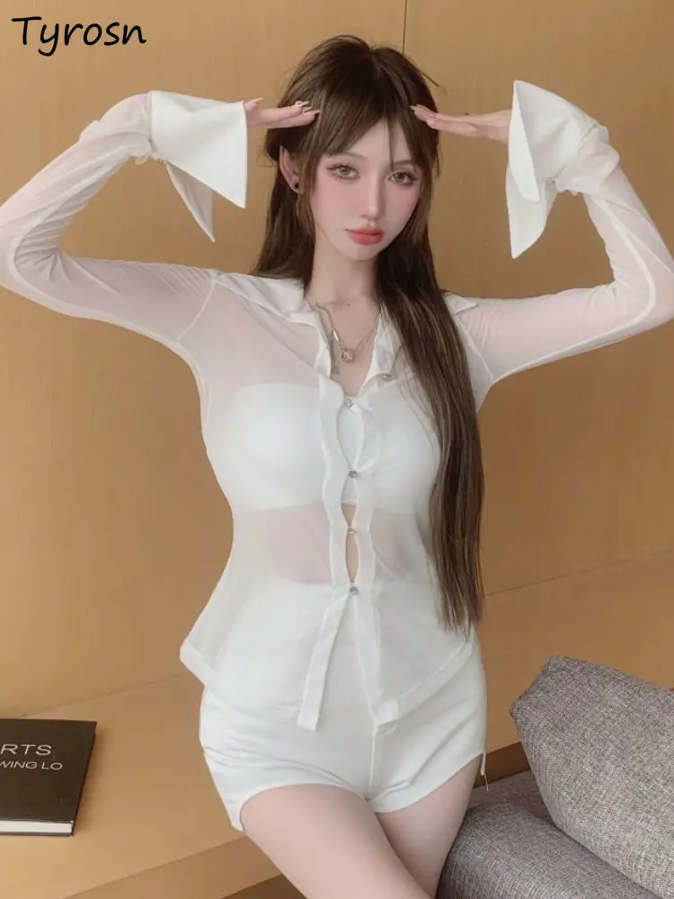 

Shirts Women Slim Sexy See-through Simple Pure Sun-proof Korean Style All-match Fashion Summer Breathable Basic Hot Girls Daily
