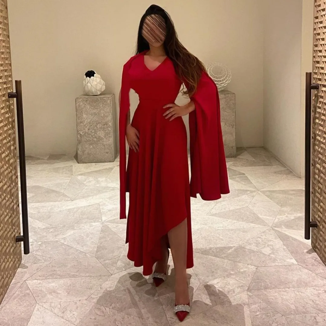 

POMUSE Vintage V-Neck Long Sleeves Red Evening Dresses Tea Length Saudi Arabia Elegant Robe De Mariée Party Gown For Women