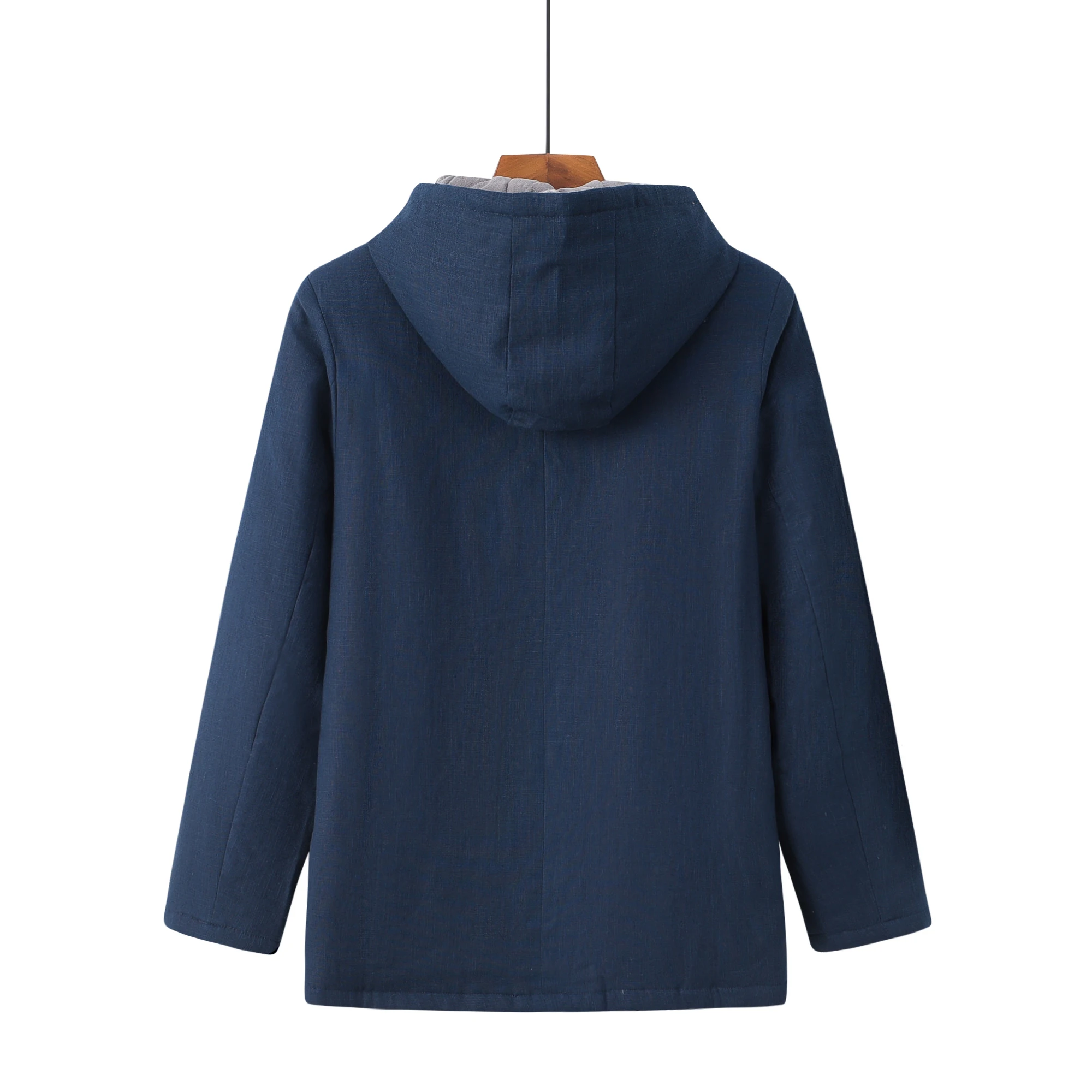 Vintage Styel Men Hodded Quilted Coat Blue Black Linen Jackets Retro Cosy Leisure Outerwear Oriental Clothes 2024 Spring Winter