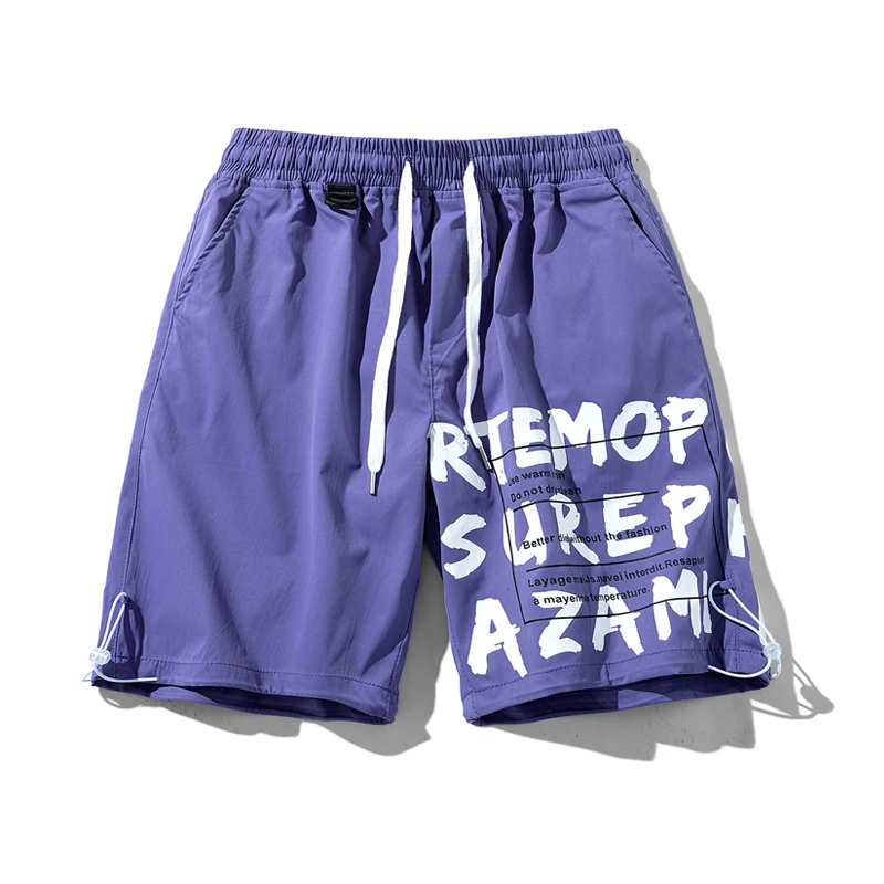 Men's Summer Elastic High Waist Pockets Letter Bandage Printing Drawstring Casual Loose Trousers Fashion Vacation Punk Shorts