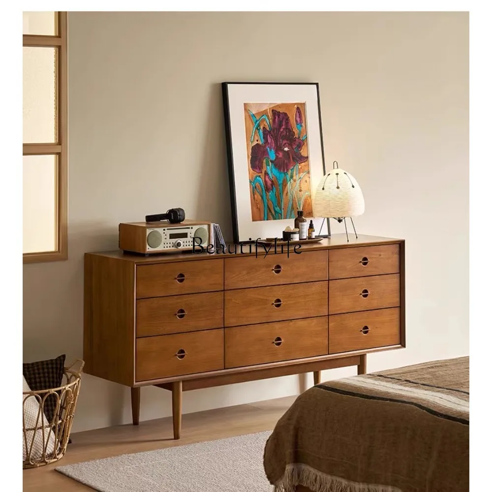

Mid-Ancient Solid Wood Nine-Drawer Cabinet Nordic Simple Home Wall Storage Retro Chest of Drawer