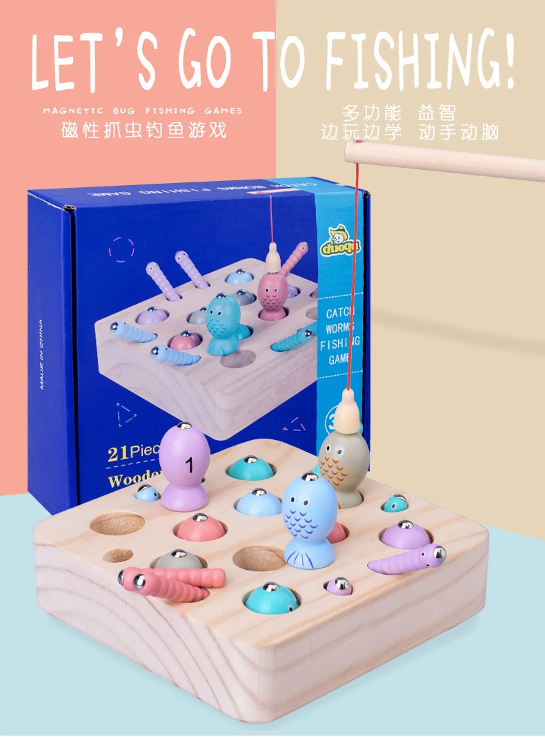 

Wooden Digital Magnet Fishing Toy Set 3D Fun Educational Catching Insect Magnetic Fish Game Montessori Children's Toy Gift Set