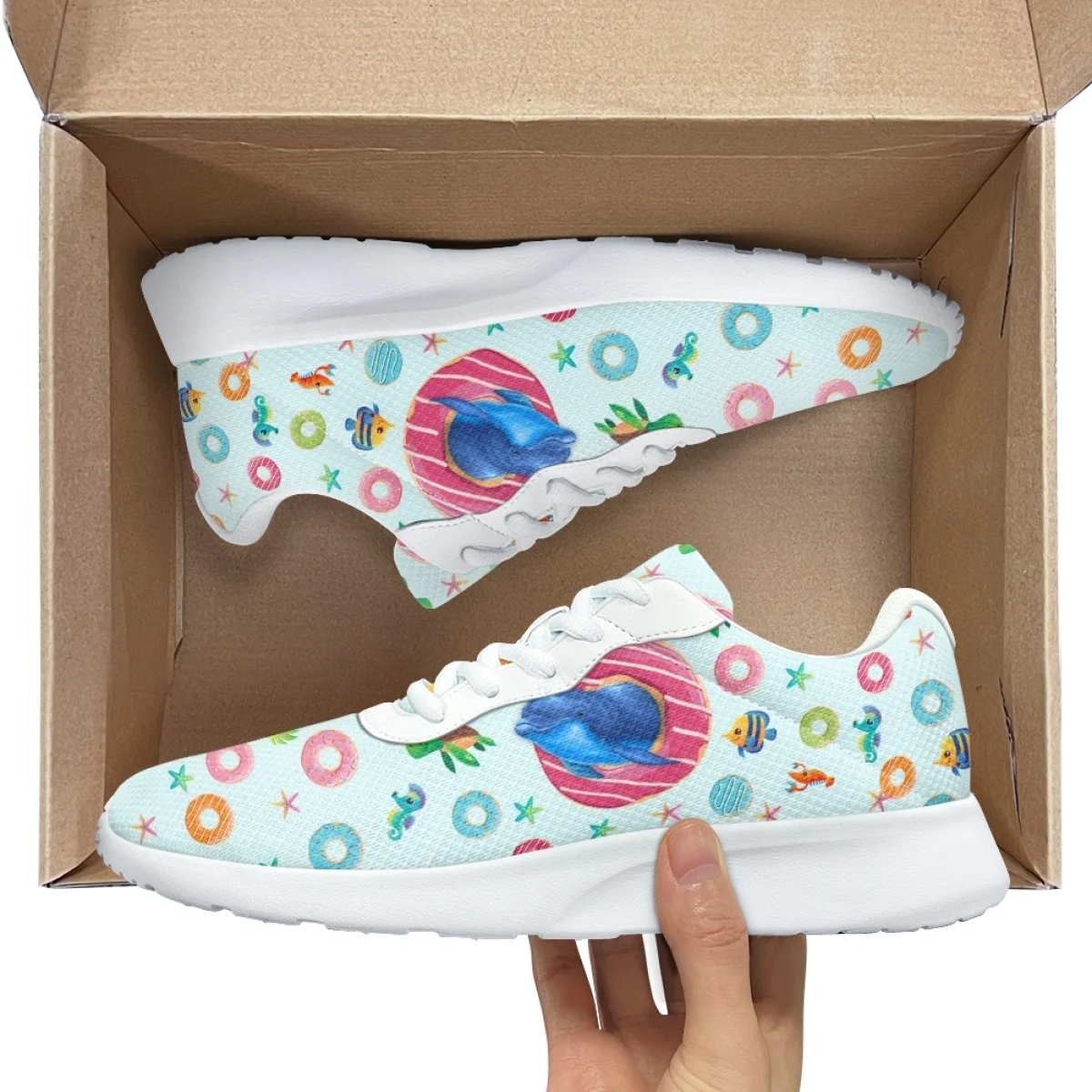 Dolphin Turtle Donut Pattern Women Sneakers Flats Breathable Comfortable Ladies Sport Outdoor Running Shoes Athletic Gym Shoes