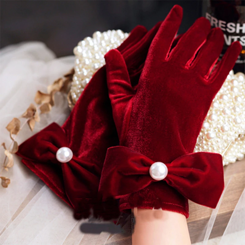 Gothic Black and Wine Red Velvet Wedding Bridal Gloves for Women Short Tea-Party 1920s Gloves for Bridesmaid gants femmes