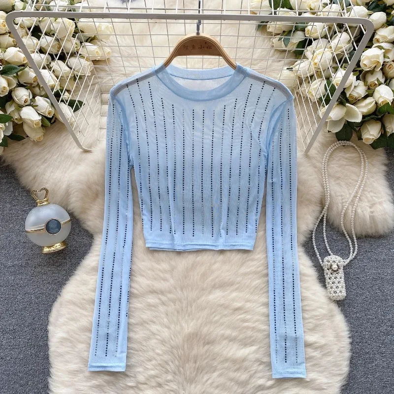 Women Chic Gauze Mesh Sheer O-neck Long Sleeve Rhinestone