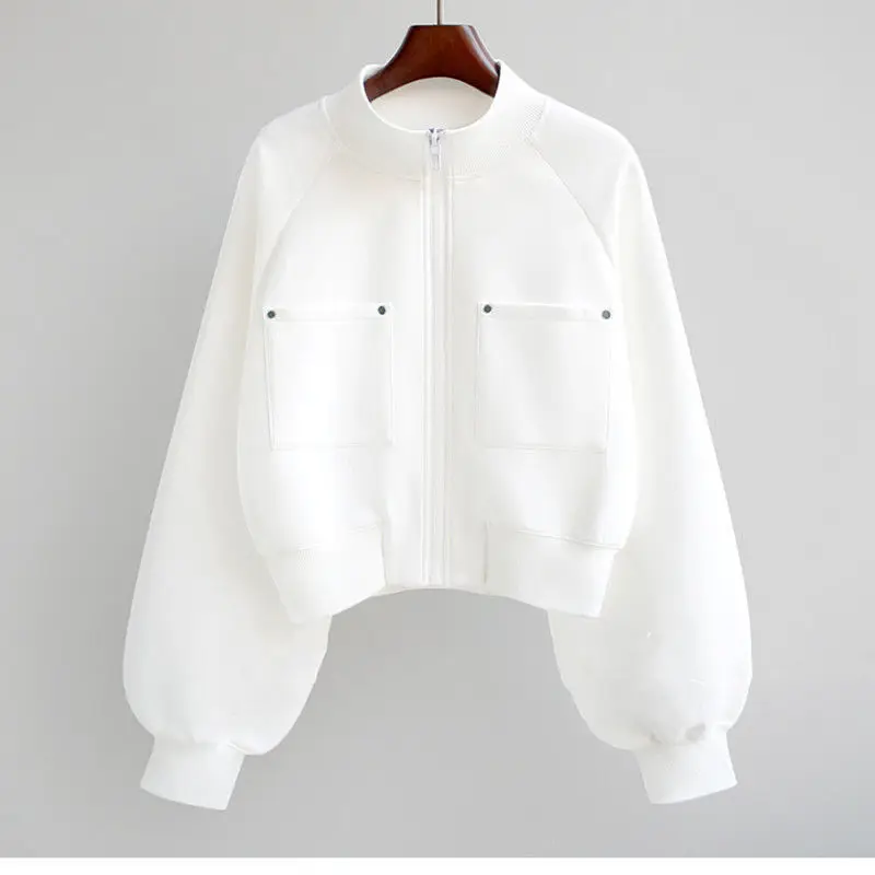 

2021 Autumn New Thin Baseball Uniform Jacket Korean Short Loose Collar Long Sleeve Sweatshirt Women Zip-up