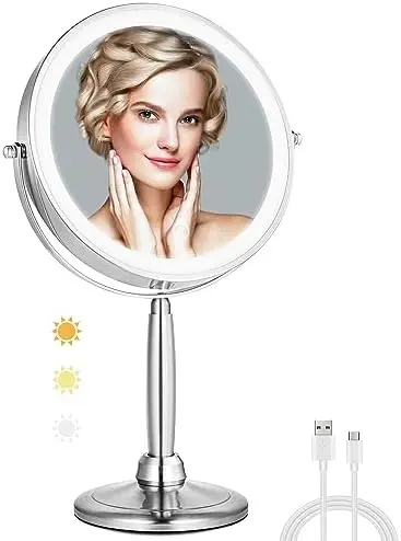

9" Vanity Mirror with Lights, Large Lighted Makeup Mirror with 3 Color LED Dimmable Lights, Rechargeable 1X/10X Magnifying M Non
