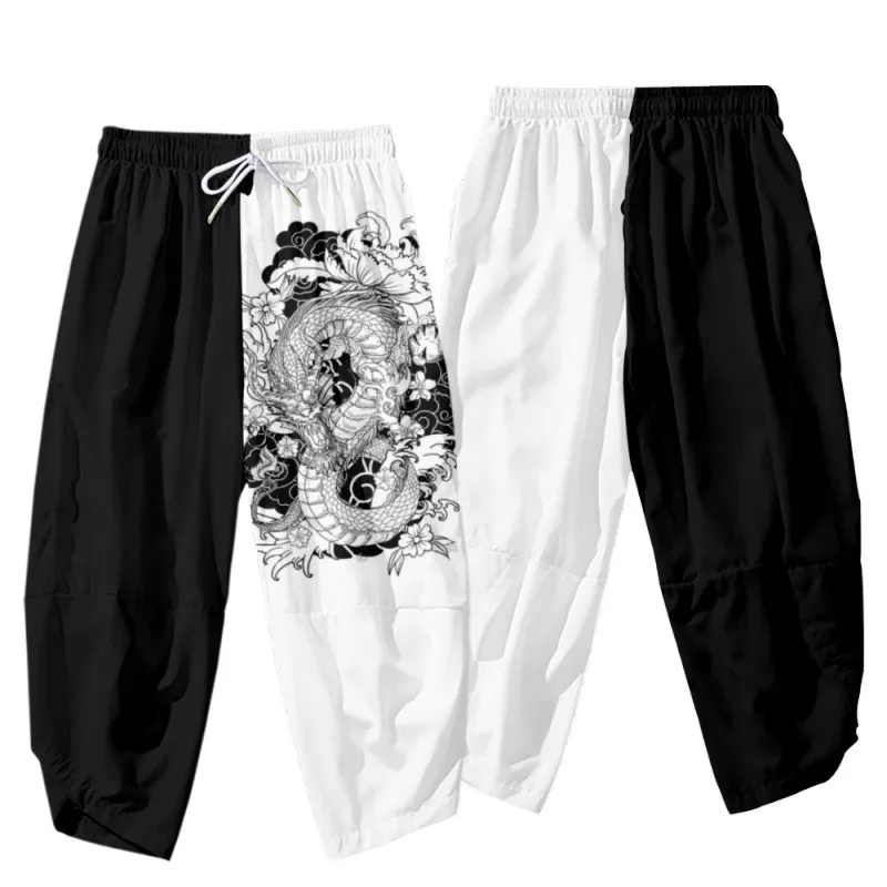 

Cartoon Chinese Dragon Printed Black Men Japanese Harem Trousers Casual Elastic Waist Kimono Cropped Pants Streetwear