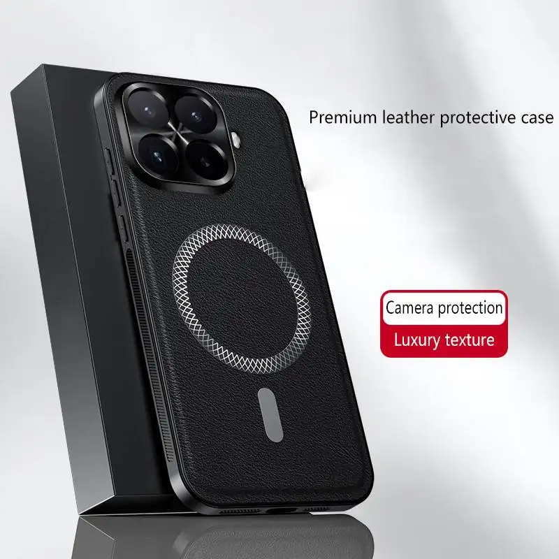 Magnetic Luxury Leather Texture Shockproof Back Cover with Wireless Charging Capability