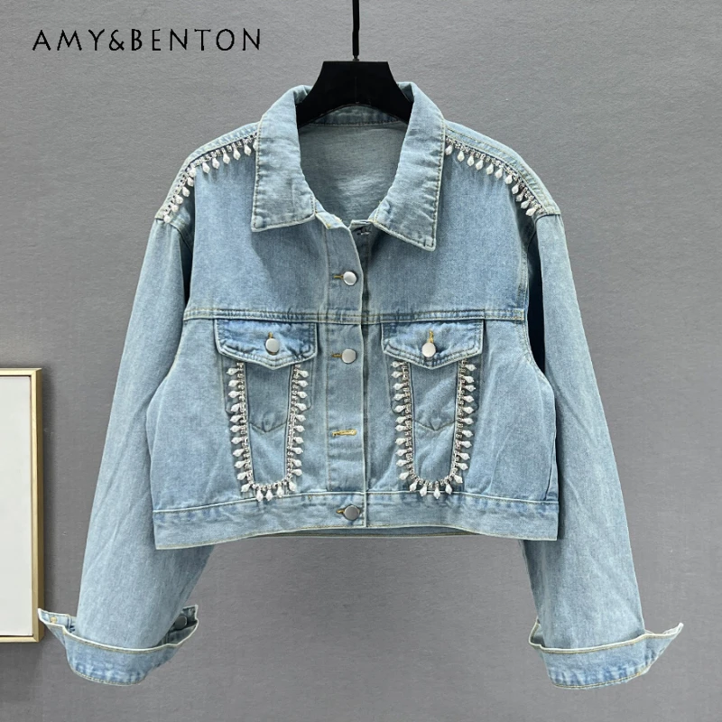 Long Sleeved Denim Jacket For Women Exquisite Rhinestone Beaded 2024 New Spring Clothes Short Slimming Top Jeans Coat Female