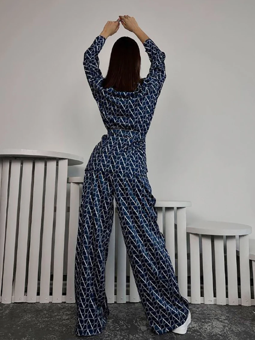 Marthaqiqi Causal Femme Sleepwear Set Turn-Down Collar Nightgowns Lace Up Nightie Long Sleeve Nightwear Pants Ladies Pajama Suit