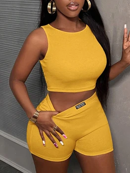 Trendy  Turmeric Ribbed Two-Piece Set Women's Crop Top and Shorts Sporty Casual Set Streetwear Nightclub Outfit 1