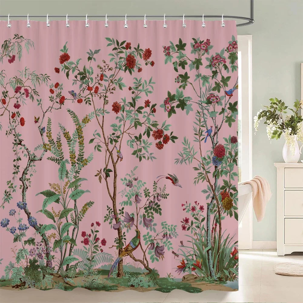 Flowers Birds Bath Curtain Waterproof Fabric Shower Curtains Floral Leaves Landscape Printing Bathroom Screen Home Decoration 2