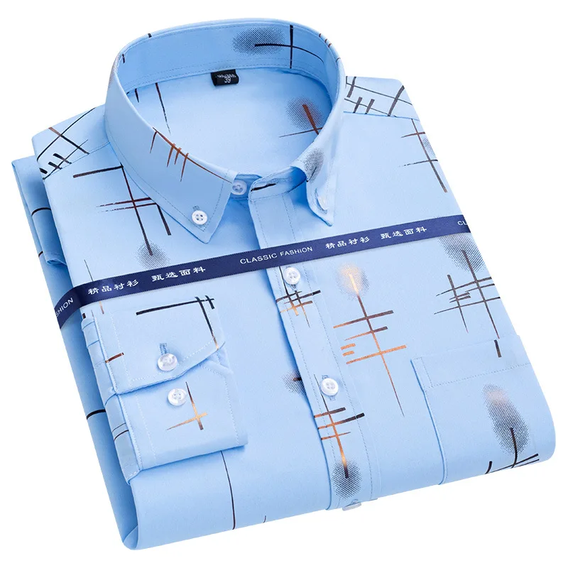 New Large-sized Men's Long Sleeved with Hot Stamping Business Casual Light Blue Breathable Spring and Autumn Thin Men's Shirt