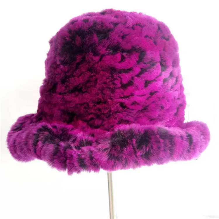 Neue Design Natürliche Rex Kaninchen Pelz Hut Frauen Luxus Handgemachte Gestrickte Mode Weiche Eimer Hüte mit Floral Winter Kopfbedeckungen – Detail 12