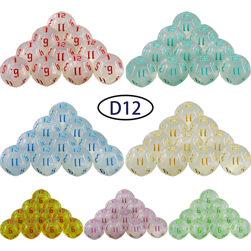 다면체 D12 주사위 세트, RPG 반짝이/불투명 12 양면 주사위, RPG D & D 액세서리, 테이블 보드, 역할 놀이 게임 주사위, 10 개