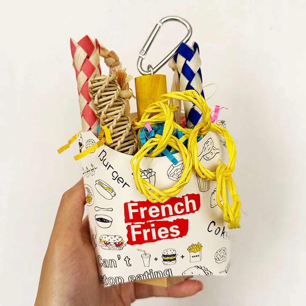 Cute Colorful Bird Bite Chew Toys Fast Food Box Shape Shredded Paper Hanging Toys for Pet Bird Parrot Cage Bite Accessories 1pc parrot toy,bird toy