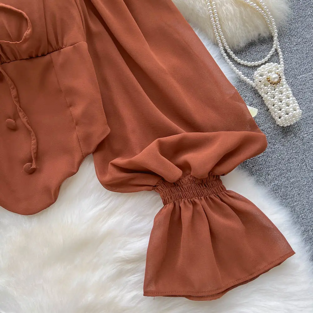White Blouses Women Aesthetic Solid All-match Vintage Casual Ladies Tops Slim Schoolgirls Spring Bandage Lantern Sleeve Clothing