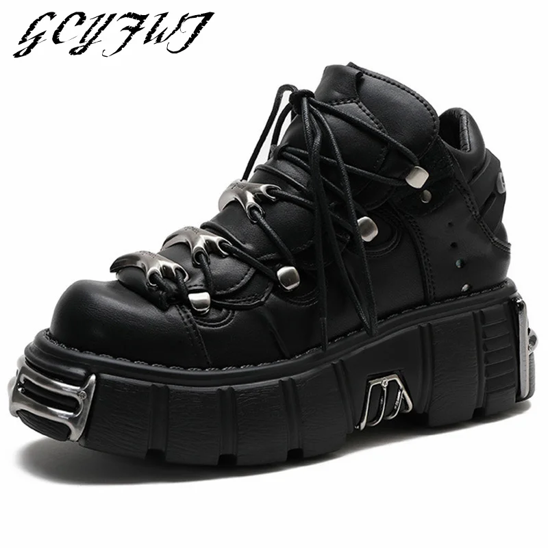2022 Punk Style Women Sneakers Flat Platform Women Shoes Metal Decoration Lace-Up Cool Casual Sports Thick Bottom Running Shoes