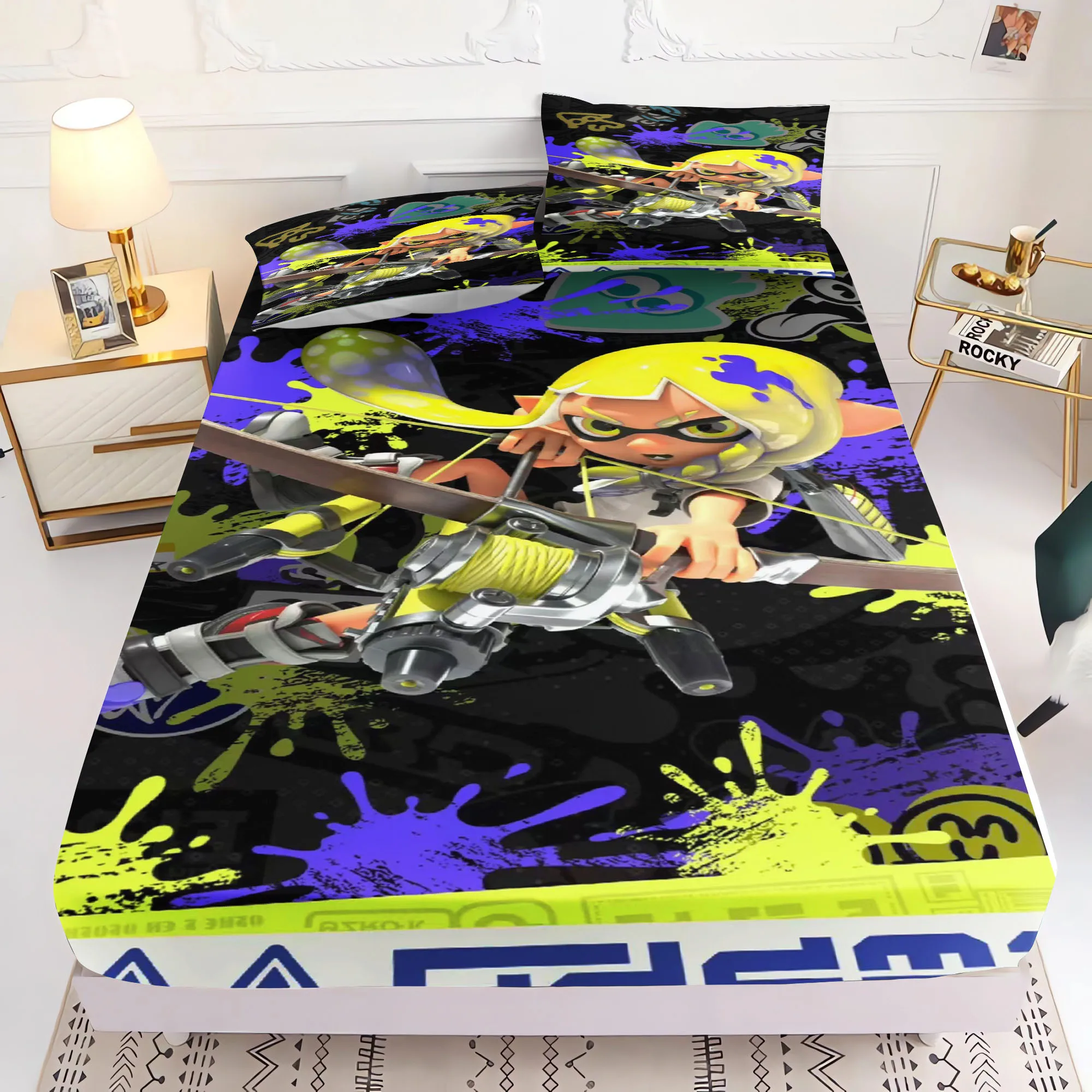 Set di Biancheria da Letto a Tema Splatoon, Lenzuolo con Angoli in Morbida Microfibra per Camere dei Bambini e Arredamento Casa - immagine 6