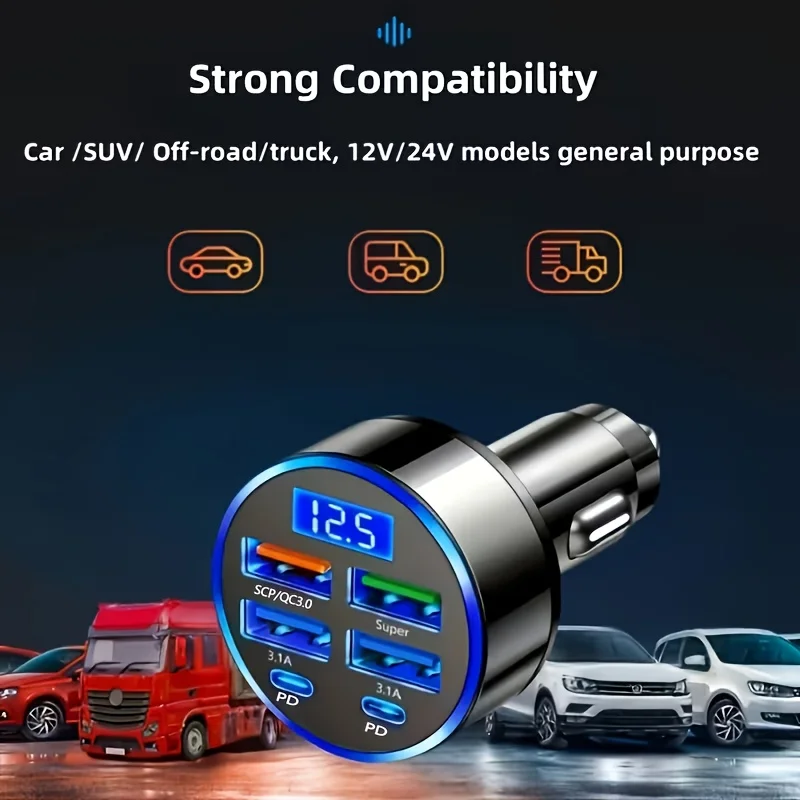Caricabatterie Auto 6-in-1 66W, 4 Porte USB + 2 Porte Type-C, Doppio PD3.0, Caricatore Portatile Sicuro per Telefono - Image 6