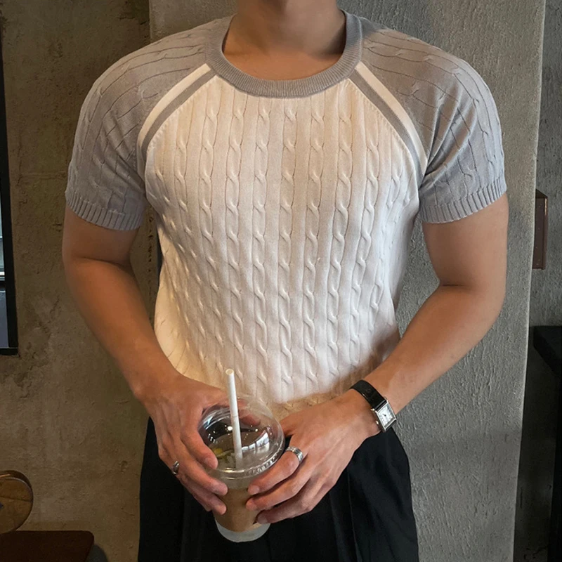 남성용 빈티지 슬림핏 O넥 반팔 패치워크 니트 티셔츠, 캐주얼 통기성 뜨게 상의, 여름 신상