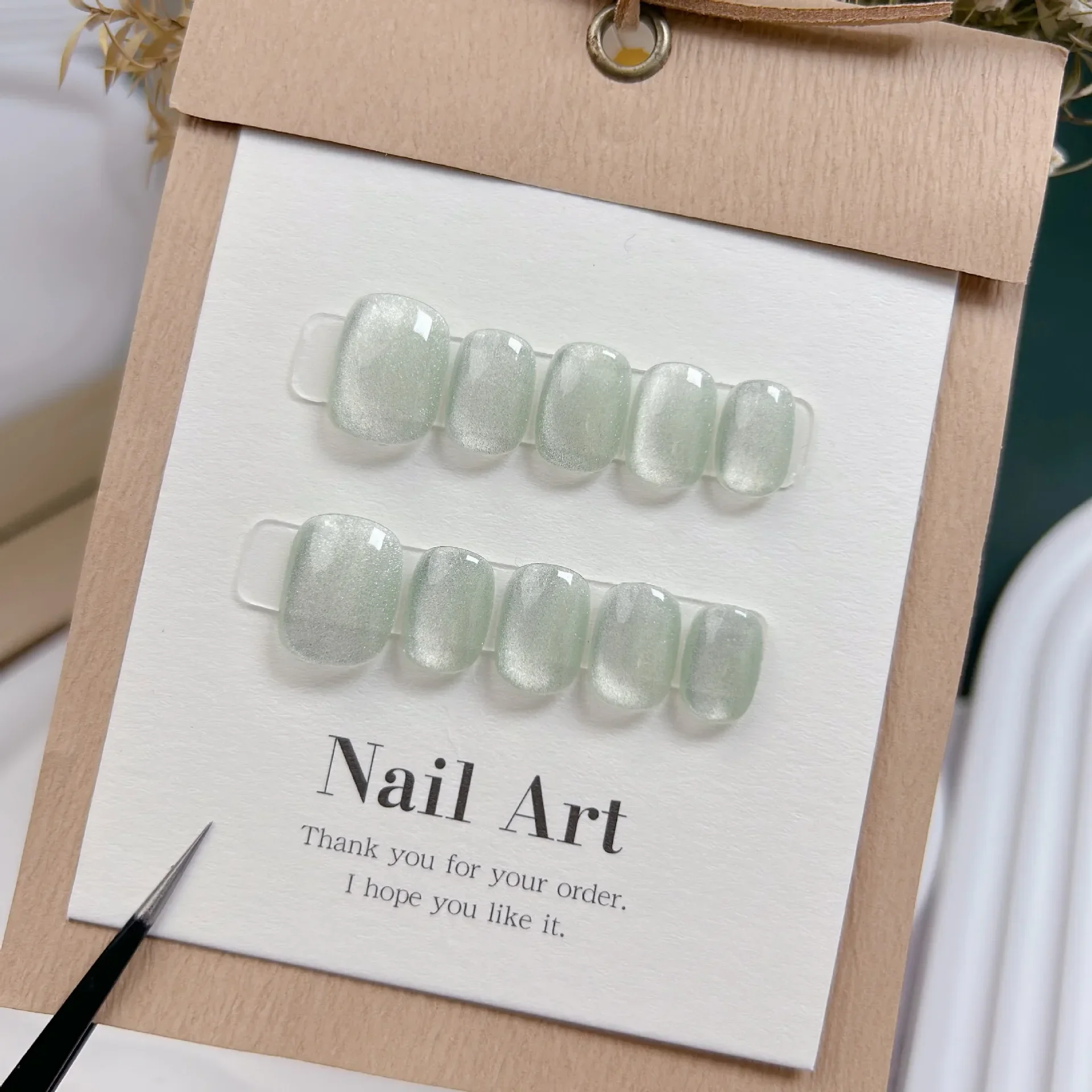 10 Pz Corto Fatto A Mano Verde Chiaro Stampa Sulle Unghie Occhi Di Gatto Pura Ballerina Decorazione Indossabile Unghie Finte Copertura Completa Nail T