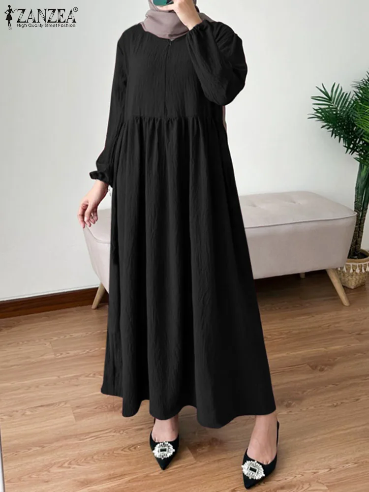 

ZANZEA Vintage Party Muslim Dress Long Sleeve O Neck Dresses Woman Casual Solid Sundress Stylish Elastic Cuffs Maxi Robe 2023