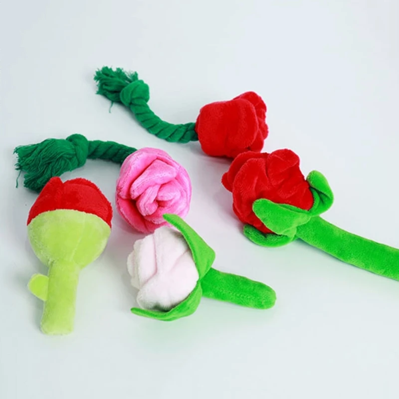 

Dog Squeak Toy Stuffed Chew Toy for Dogs Puppies Teething Soft Pet Toy Plush Rose Flower Shaped Catmint Rope Toy