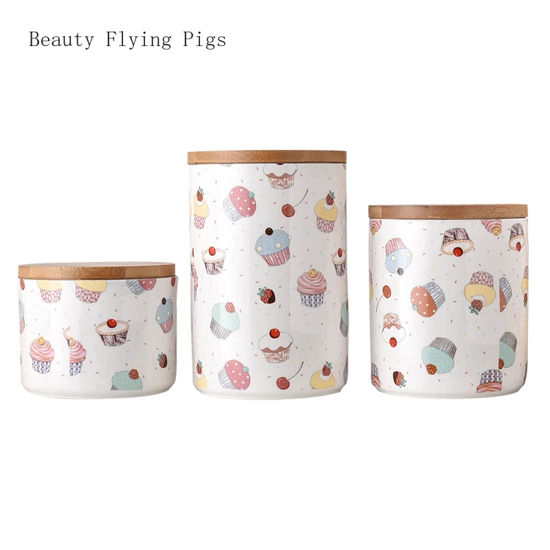 

Cute cake creative ceramic wood cover sealed jar dried fruit multigrain candy snack biscuits tea cans kitchen storage tank