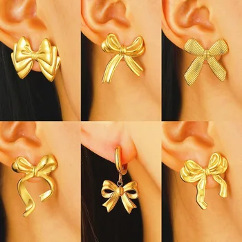 Stainless Steel Fashoin Bowknot Earrings For Women Metal Earing Jewelry 2025 Trending New Women's Gold Color Bow Earrings Gifts