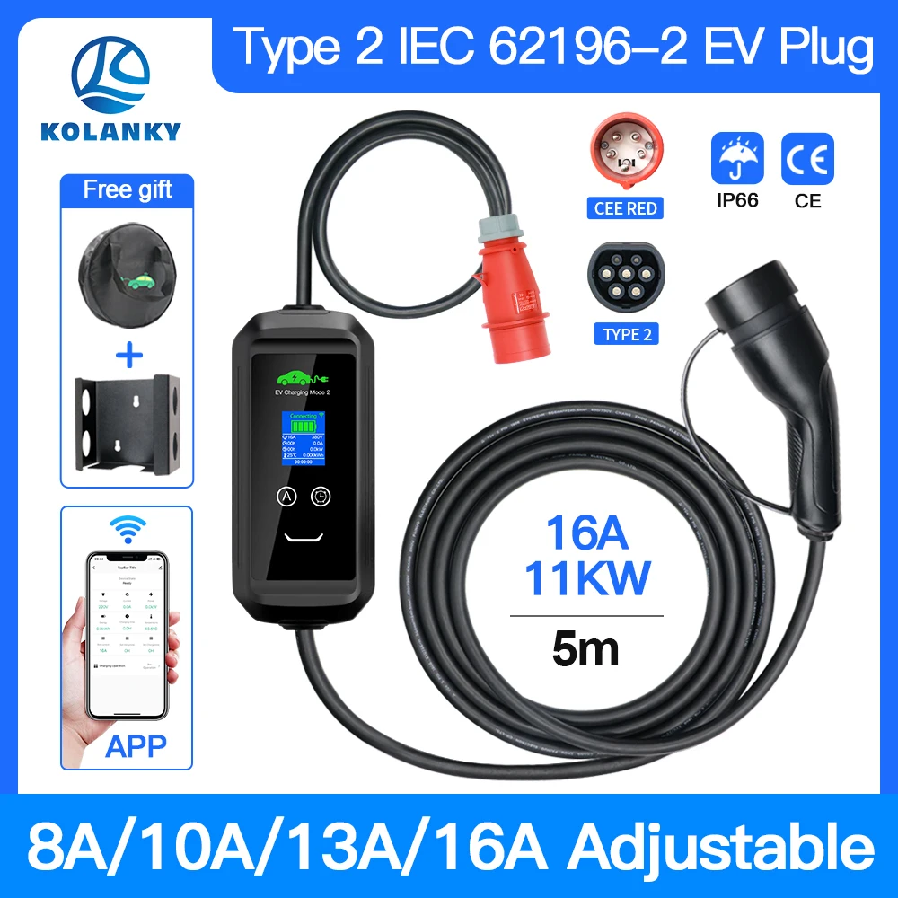Caricabatterie Mobile Ev 16A 11Kw Wallbox App Versione Bluetooth Wifi Regola Il Tempo Di Ricarica Per Auto Veicolo Elettrico Ibrido Lunghezza 5M