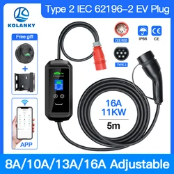 Mobile EV Charger 16A 11kw Wallbox APP Bluetooth Version Wifi Adjust Charging Time For Hybrid Eletric Vehicle Cars Length 5M